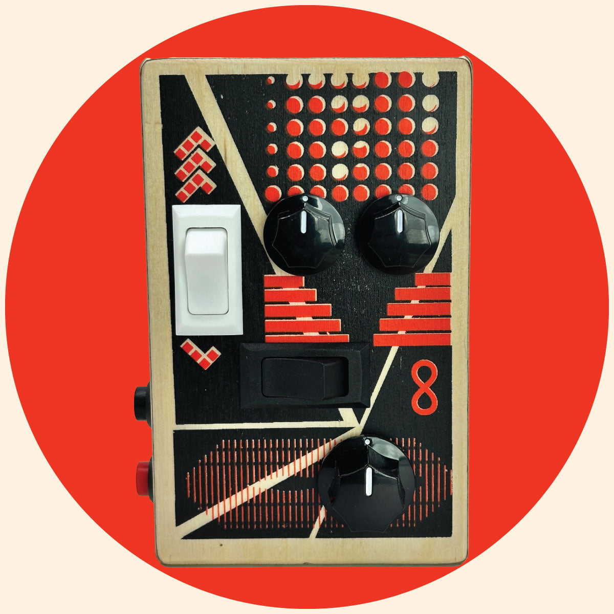 Tiger orange and black graphic design, with black control knobs