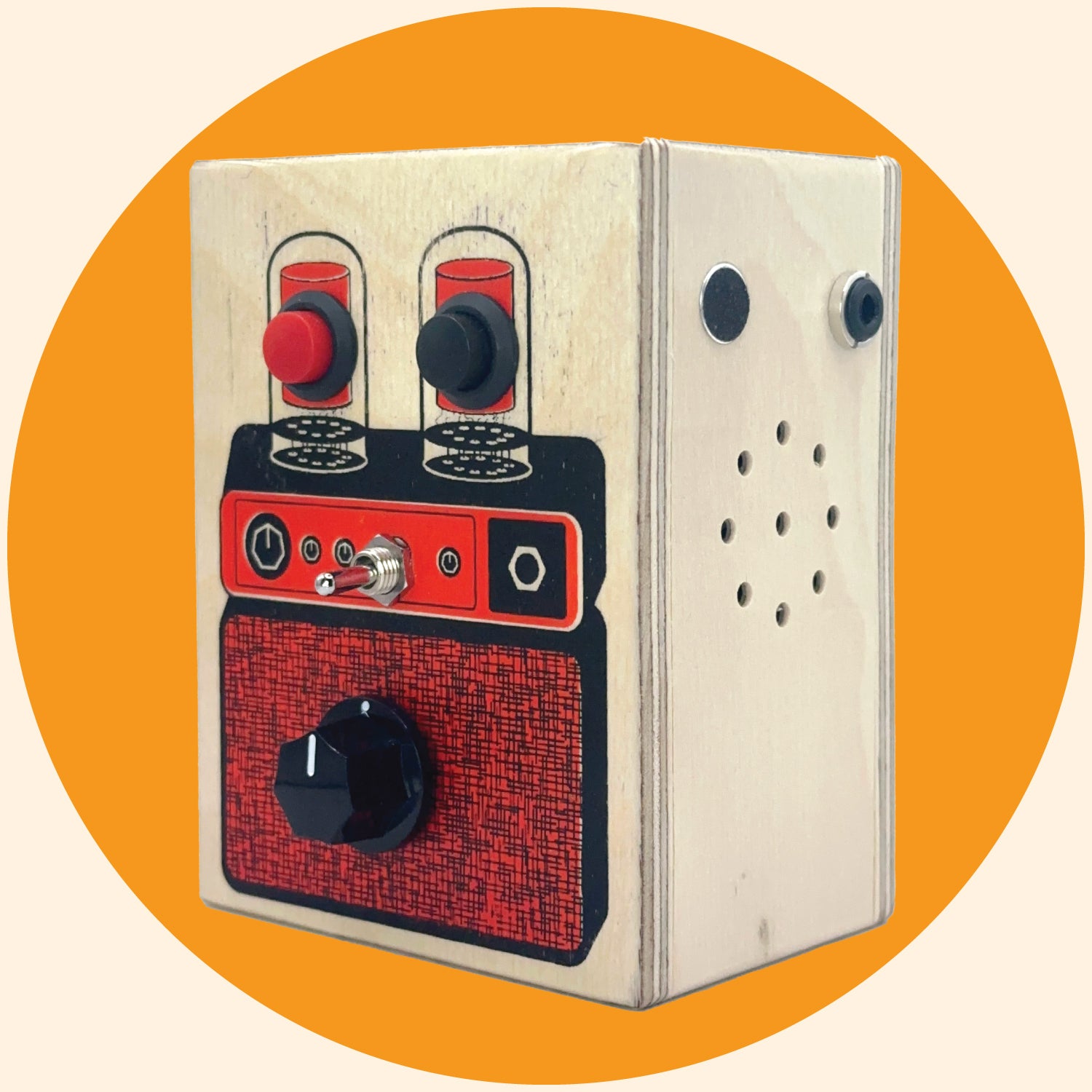 Side view of vintage tube amp designed audio recording gadget in black and orange