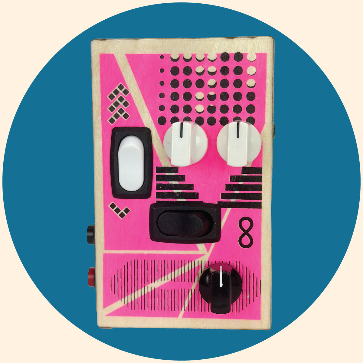 Reverse the Curse audio recording device  with pink and  black graphic design, white and black audio effects control knobs, white and black  rocker switches